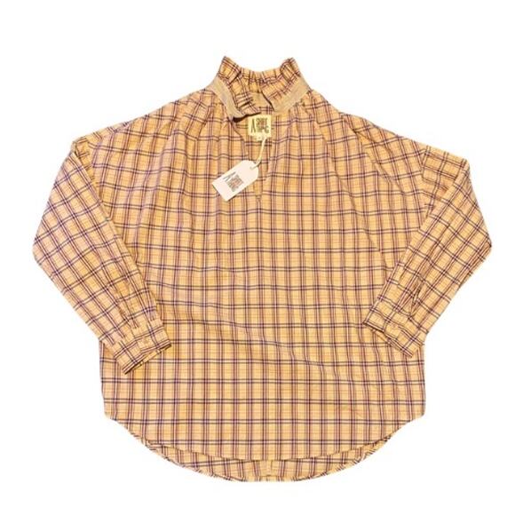 NWT Oversized Peach/Burgundy/Tan Plaid Ruffle Collar LongSleeve Cotton Shirt (M) - Picture 1 of 8